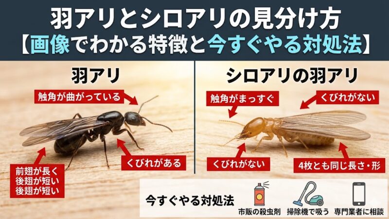 羽アリとシロアリの見分け方【画像でわかる特徴と今すぐやる対処法】